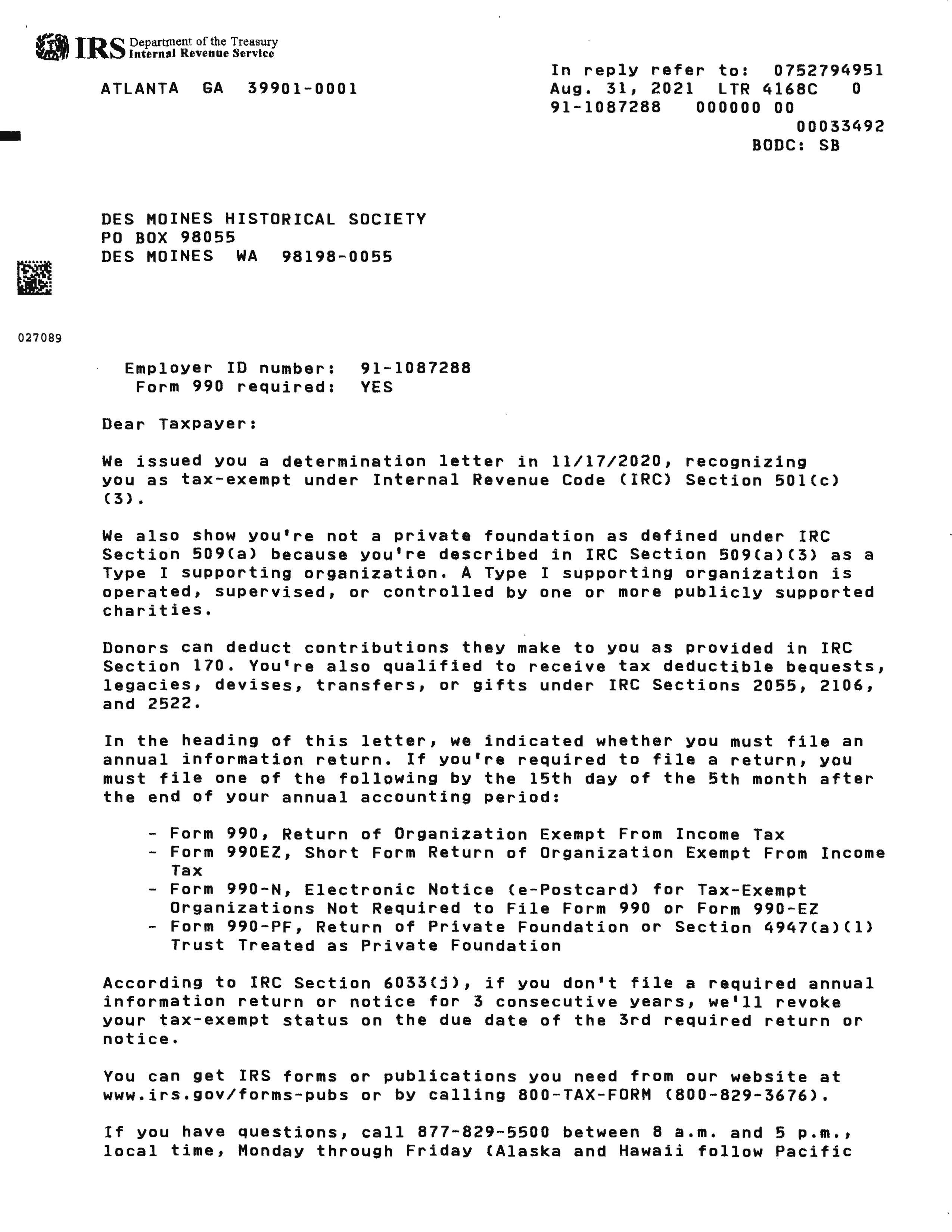 IRS Letter on Non-profit Status Page 1