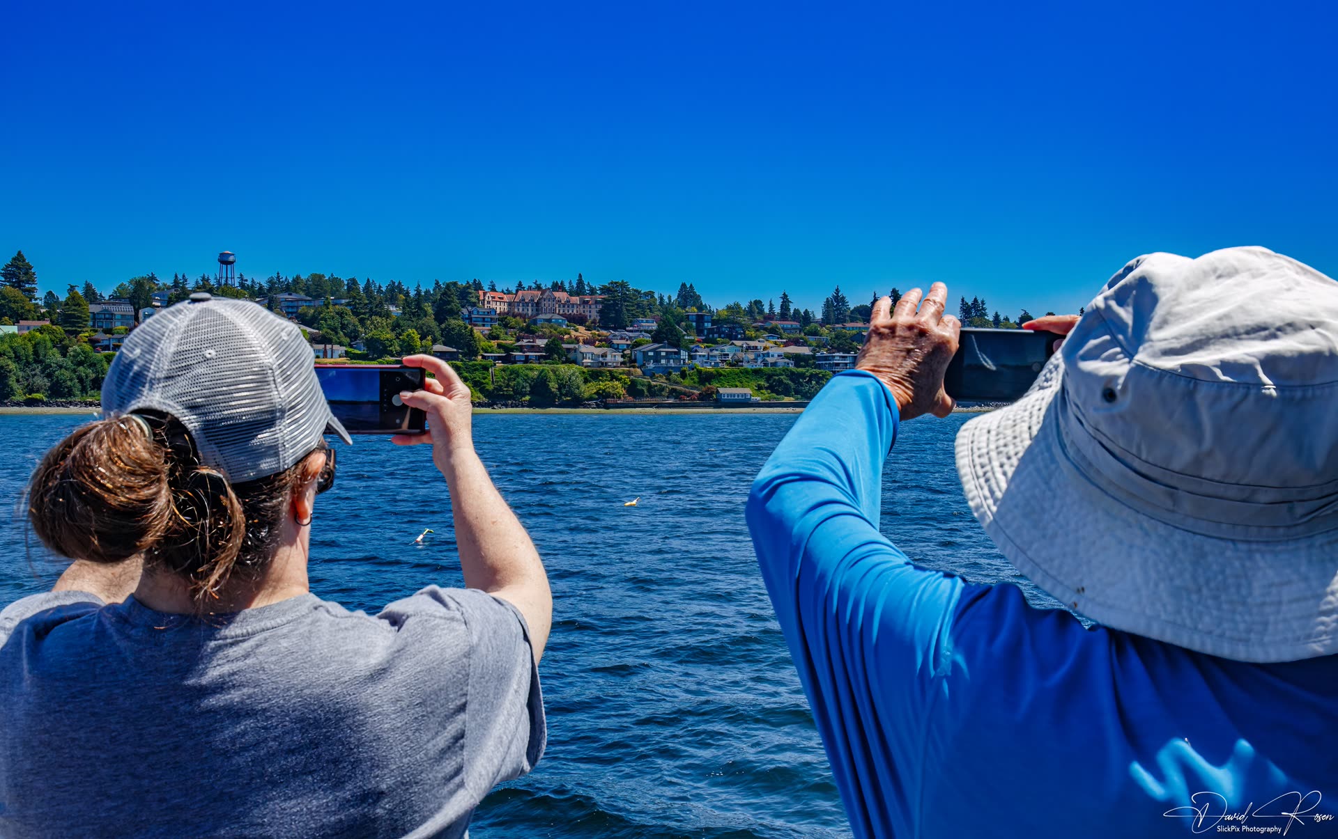 Passengers use phones and cameras to photograph the shoreline.